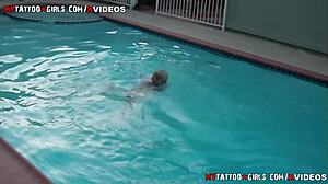 Blackwidow XXX Enjoys Pool Time with Blonde and Black Companions.
