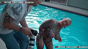 Blackwidow XXX Enjoys Pool Time with Blonde and Black Companions.