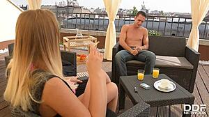 Loads of cum into vyvan hills mouth after double blowjob in the outdoors