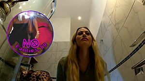 omg, my sexy blonde wife switching panties in bathroom, caught her hot curves on cam!