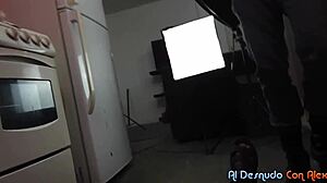 Behind the scenes blooper with latina in comic accident backstage.