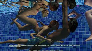 Mark plays games in the pool with his stepsister and friends.