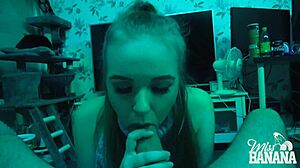 Scandinavian girl sucks cock while masturbating in the dark, groping and swallowing cum