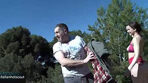 Fair-skinned blonde rides hard outdoors