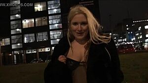 Blonde british babe flashing at night and showing tits downtown