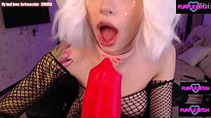 Cutest kitty-slut enjoys huge dildo in costumes.