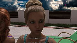 Mark plays games in the pool with his stepsister and friends.