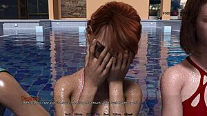 Mark plays games in the pool with his stepsister and friends.