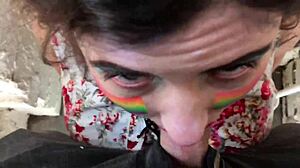 swallowing his cum and piss after gagging on his cock in the toilet