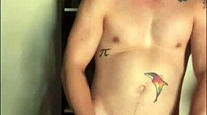 twink jerks off his big cock in sunlight