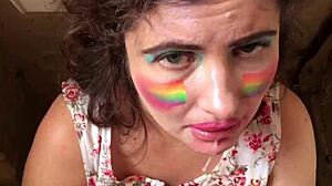 swallowing his cum and piss after gagging on his cock in the toilet