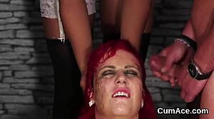 Flirty kitten gulps every drop of sperm on her face