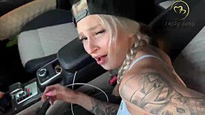 A blonde teen helps with a car breakdown by deepthroating a monster cock outdoors and getting cum