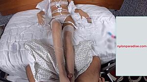 adriana lima gives hot footjob in white stockings and cum on nylon soles