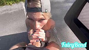 A blonde teen helps with a car breakdown by deepthroating a monster cock outdoors and getting cum