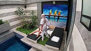 Room Service Girl from Private Suite Performs Oral Until Climax in Mouth Outdoors