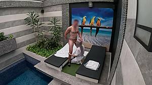 Room Service Girl from Private Suite Performs Oral Until Climax in Mouth Outdoors