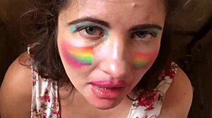 swallowing his cum and piss after gagging on his cock in the toilet