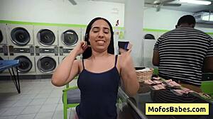 Petite Brunette Teen Sucks Cock In Public Laundromat