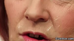 feisty model gets bukkake facial while sucking cocks in blowbang pov 😏