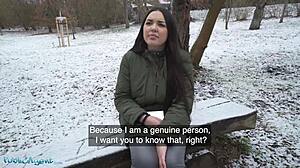 spanish brunette flashes big tits outdoors