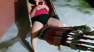 wow, that curvy brazilian mother-in-law's swollen pussy is out of her shorts on the hammock