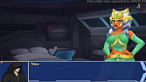 The orange trainer says, 'Submit to my assfucking and blowjob in Star Wars slave costume'