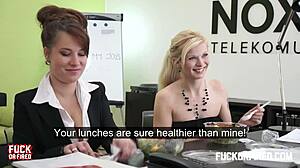 Horny blonde in stockings gets creampie at office