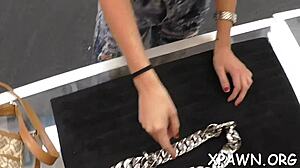 Daring woman engages in intimate encounter in shop