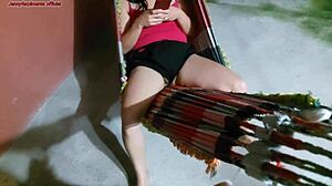 wow, that curvy brazilian mother-in-law's swollen pussy is out of her shorts on the hammock