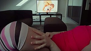 Hot blonde moans while masturbating to BBC porn on TV 😍