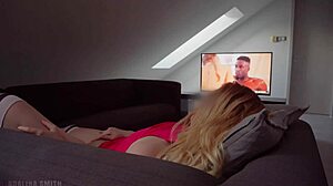 Hot blonde moans while masturbating to BBC porn on TV 😍