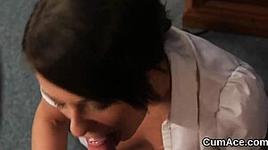 A nasty babe swallows cumshots during a blowbang