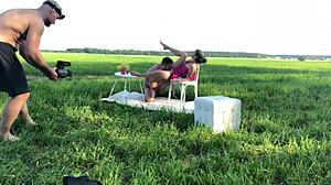 Blonde teen amateur rides cock in cowgirl position backstage, getting hardcore fucked by skinny guy in backroom