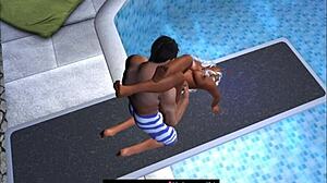 Cartoon Couple Engages in Outdoor Pool Sex on Jumping Board