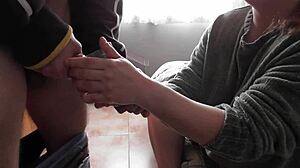 Man swallows cum from glass.