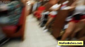 Ebony and blonde friends enjoy a meal at public diner - elana bunnz eden west derek savage