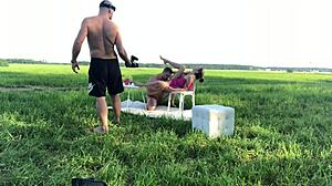 Blonde teen amateur rides cock in cowgirl position backstage, getting hardcore fucked by skinny guy in backroom