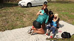 Pee-loving babes get wet in golden shower fun