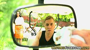 European babe in satin stockings receives cumshot