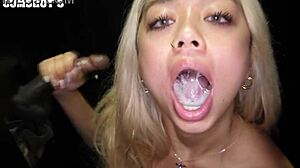 Gia swallows cum from gloryhole dicks 😮