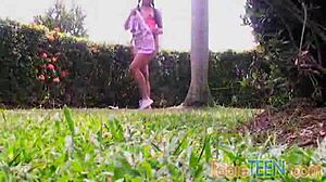 tobie teen 18+ teases and fingers her tight pussy solo outdoors.