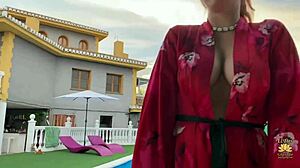 big titted woman in pool with friend watching