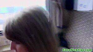 Watch this slut swallow cum in public!