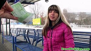 Watch this slut swallow cum in public!