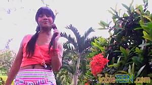 tobie teen 18+ teases and fingers her tight pussy solo outdoors.