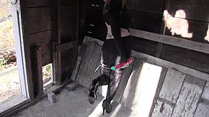 I, Bella Jaimes, double penetrate myself with toys outdoors, feeling wet.