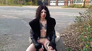 Whore Pisses And Masturbates With Dildo On Public Street!