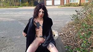 Whore Pisses And Masturbates With Dildo On Public Street!