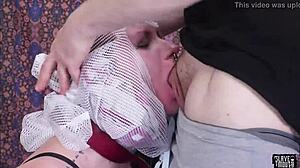 Brunette submissive licks master's ass before cum shower in bathing